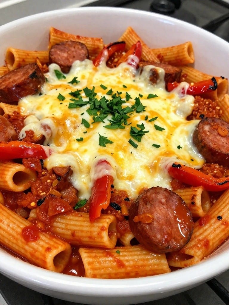 Spicy Chorizo and Roasted Pepper Rigatoni Casserole