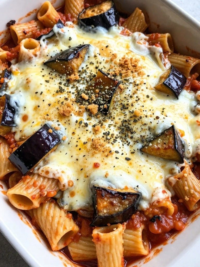 Vegetarian Eggplant Parmesan Ziti Bake