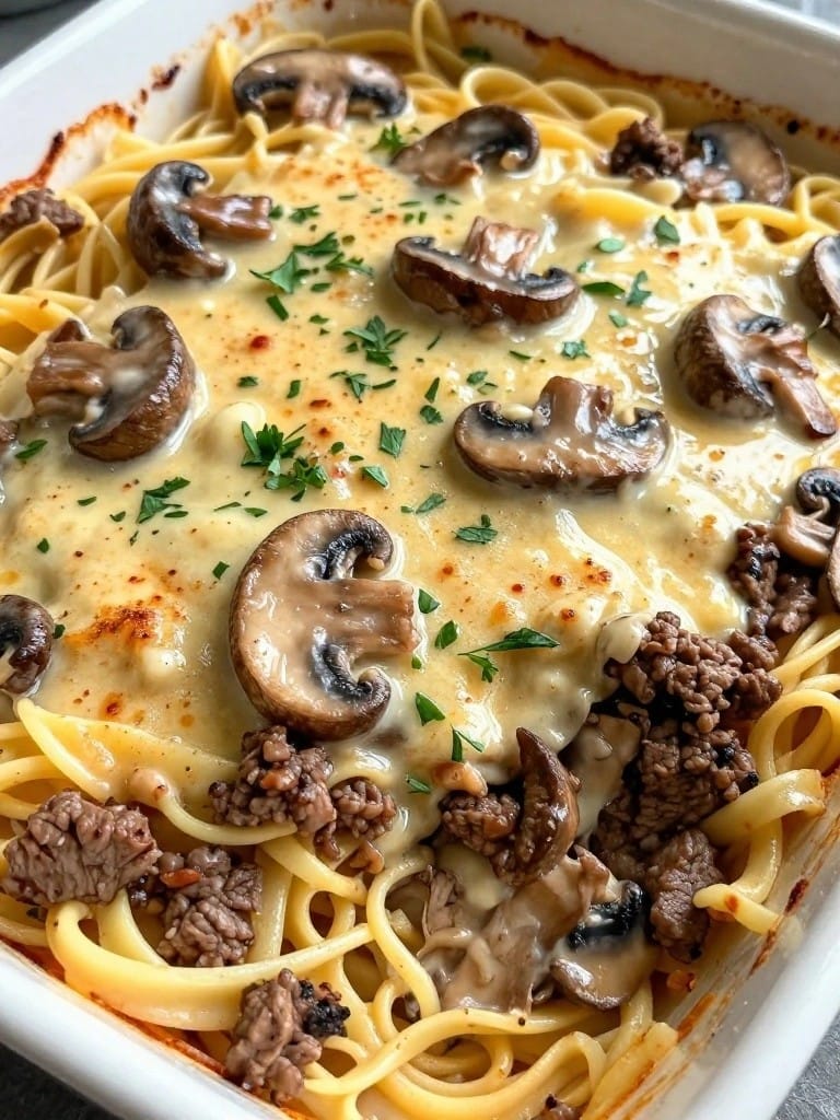 Beef Stroganoff Pasta Casserole with Mushrooms