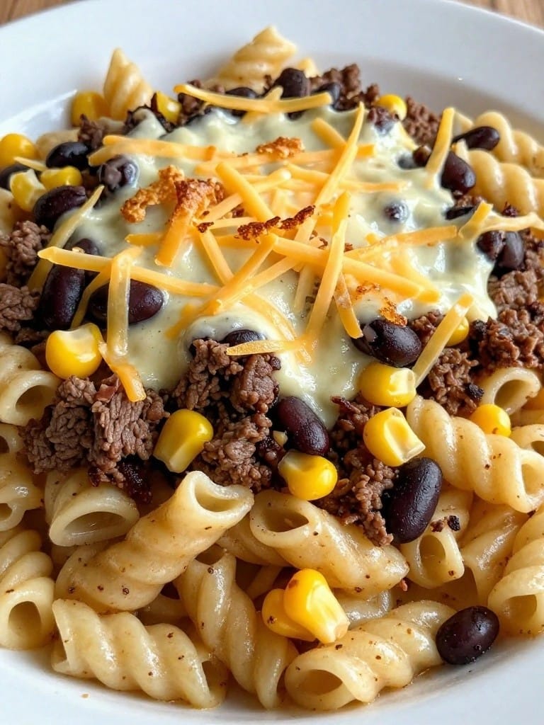 Beef Taco Pasta Casserole with Corn and Black Beans