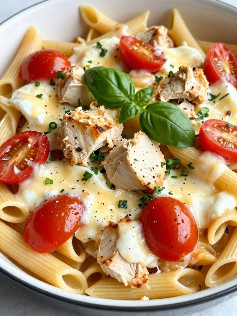 Caprese Chicken Pasta Bake with Fresh Basil