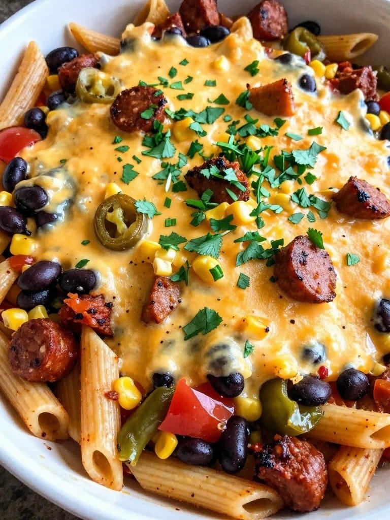 Chorizo and Roasted Poblano Southwest Pasta Bake