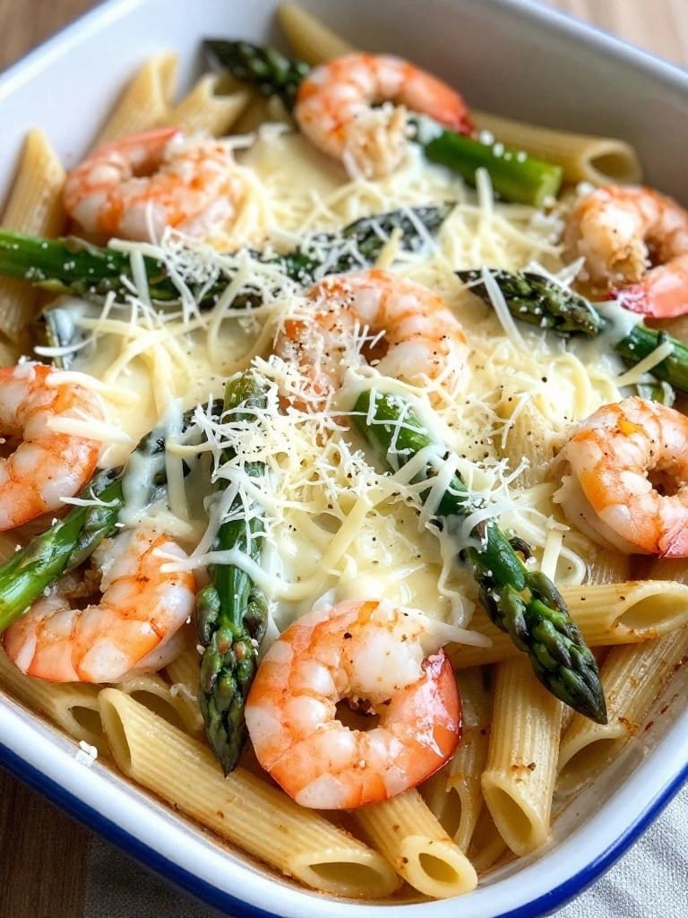 Garlic Butter Shrimp and Asparagus Pasta Bake