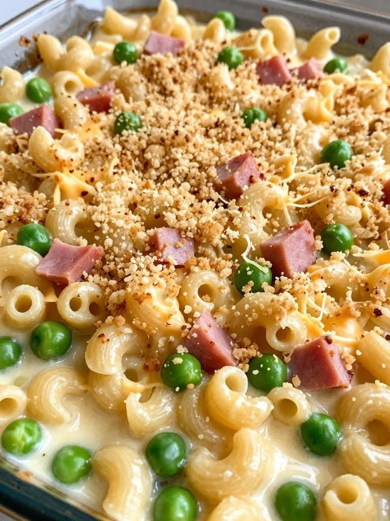 Ham, Pea, and White Cheddar Macaroni Casserole