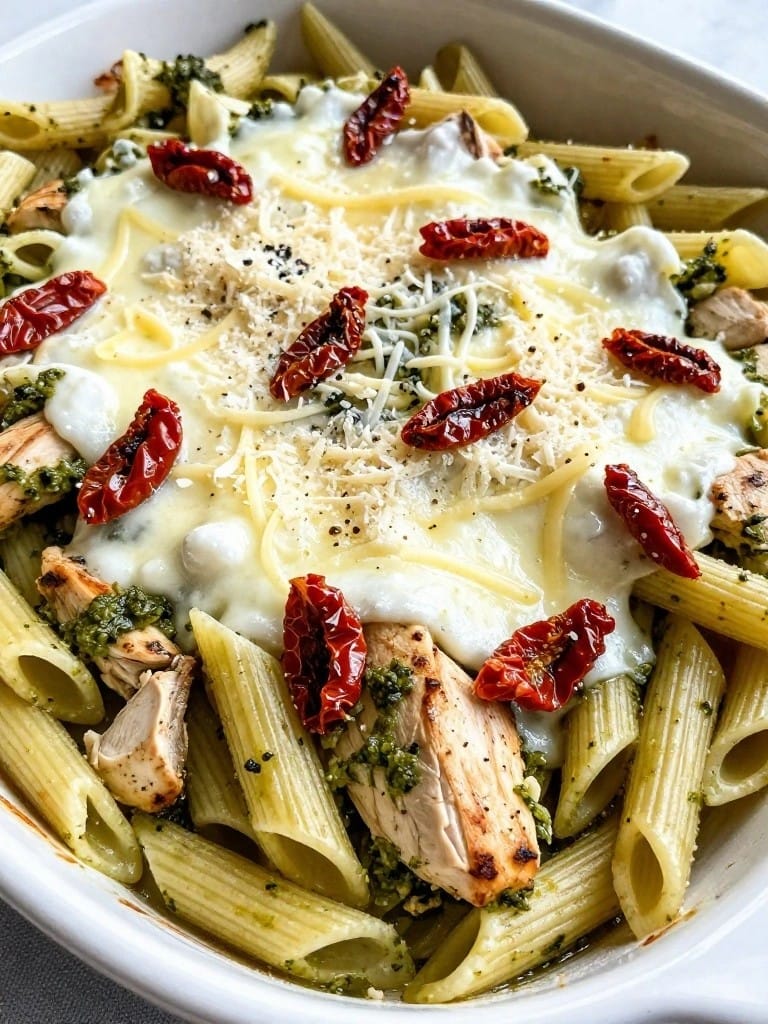 Pesto Chicken with Sun-Dried Tomato and Mozzarella Casserole