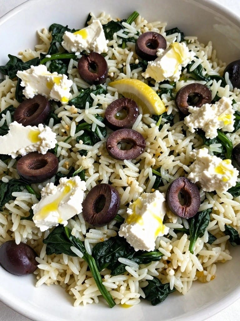 Greek Spinach Feta and Olive Rice Casserole