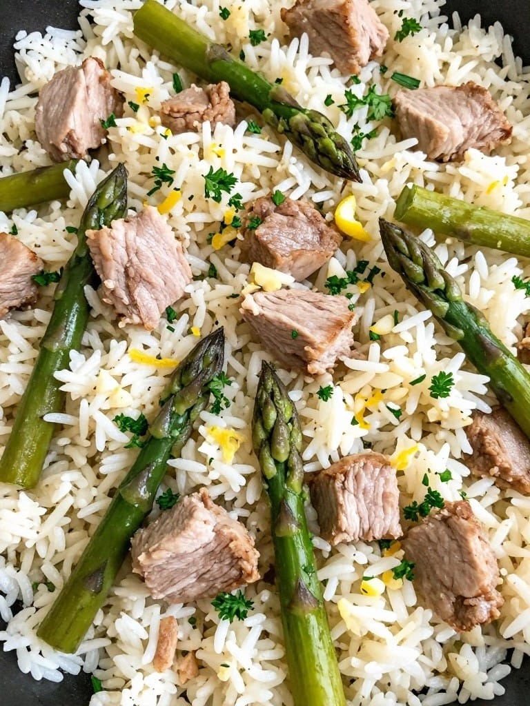 Lemon Garlic Pork and Asparagus Rice Casserole