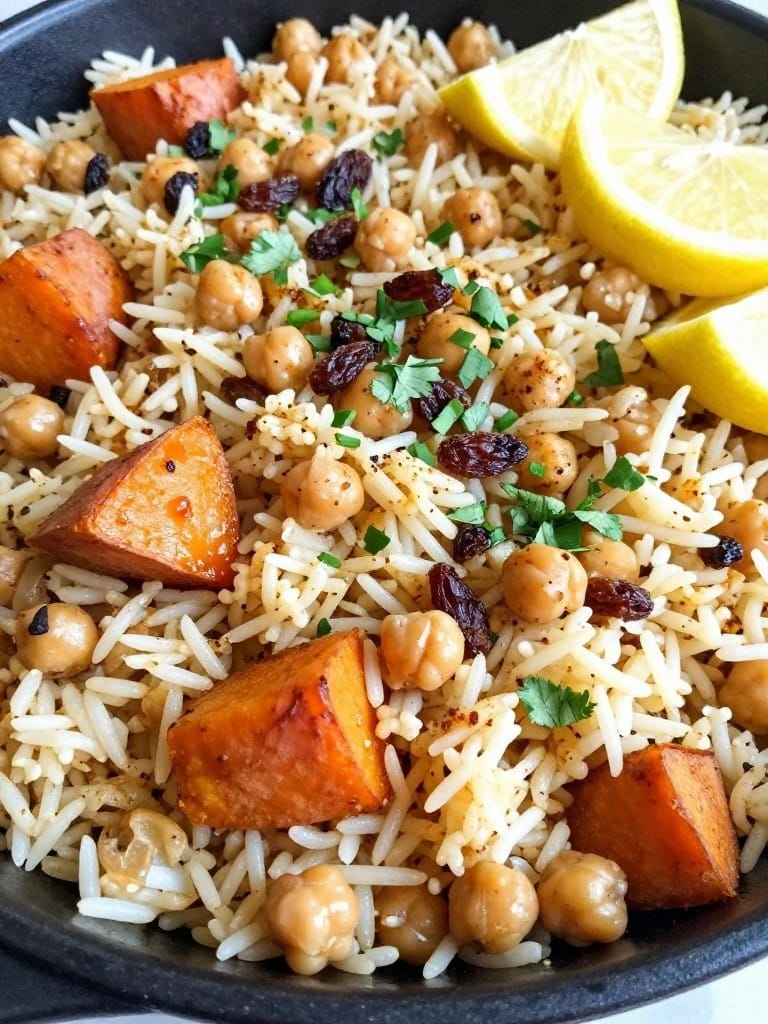 Sweet Potato Chickpea Moroccan Rice Casserole