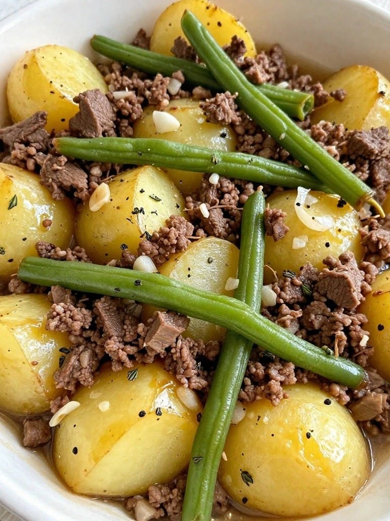Beef Potato Casserole with Green Beans and Garlic