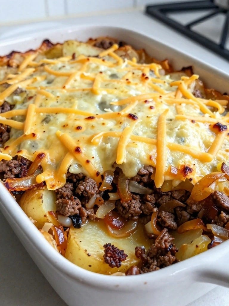 Cheesy Beef Potato Casserole with Caramelized Onions
