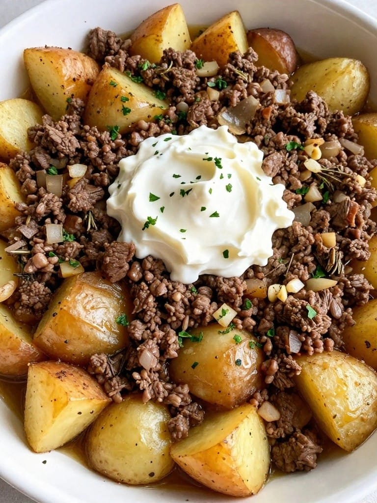 Herbed Beef Potato Casserole with Horseradish Cream
