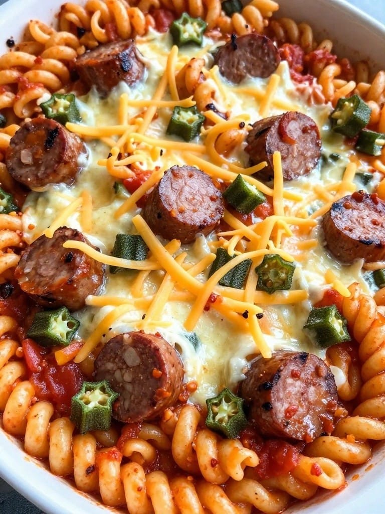Cajun Andouille Sausage and Okra Rotini Bake