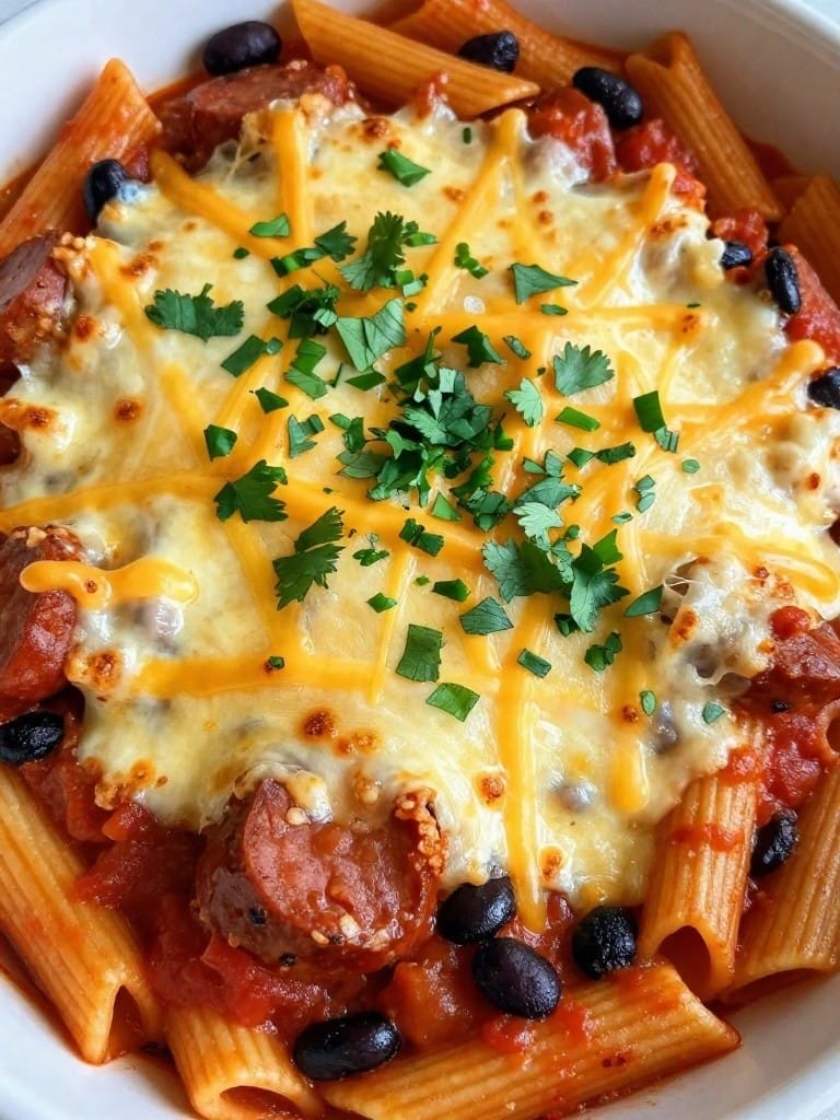 Chorizo and Black Bean Chipotle Pasta Casserole