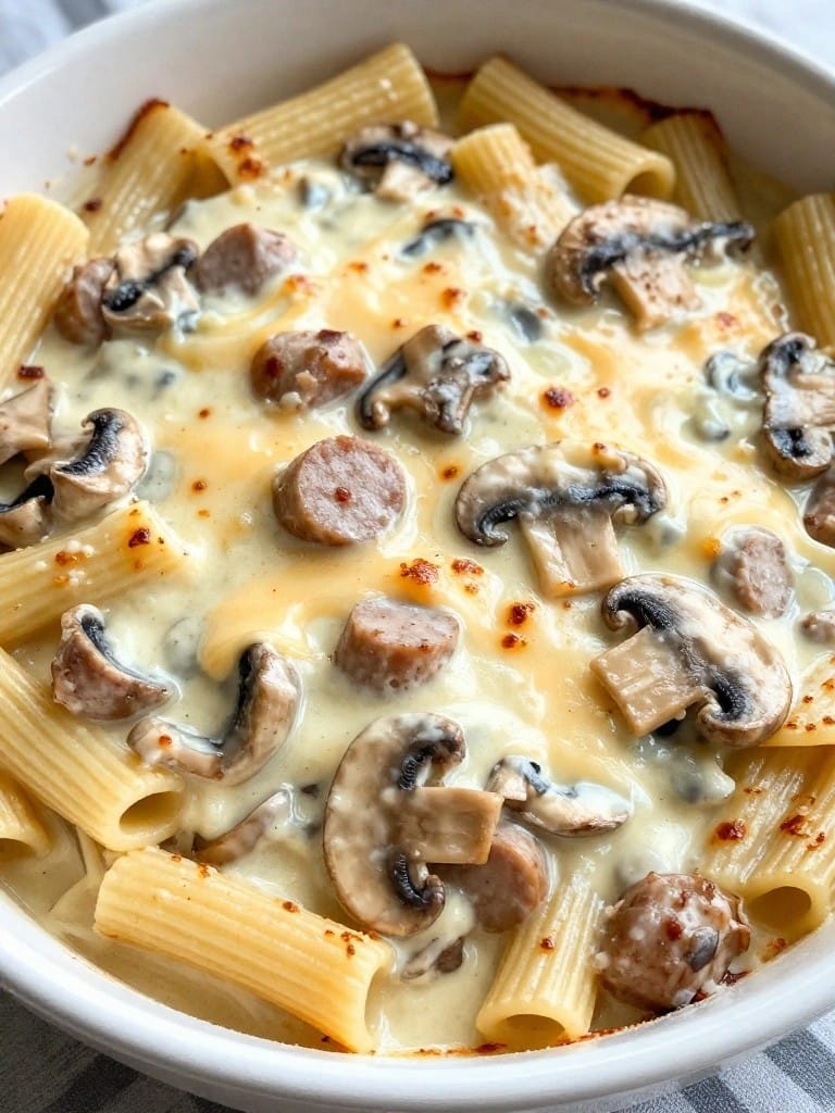Creamy Mushroom and Swiss Sausage Rigatoni Bake