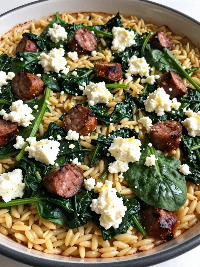 Greek Sausage, Spinach, and Feta Orzo Casserole