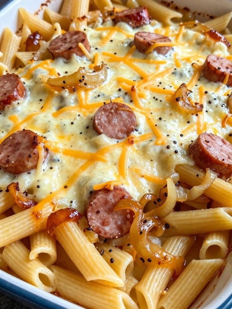 Kielbasa, Caramelized Onion, and Mustard Seed Pasta Bake