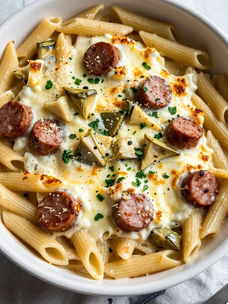 Sausage, Artichoke, and Lemon Ricotta Penne Bake
