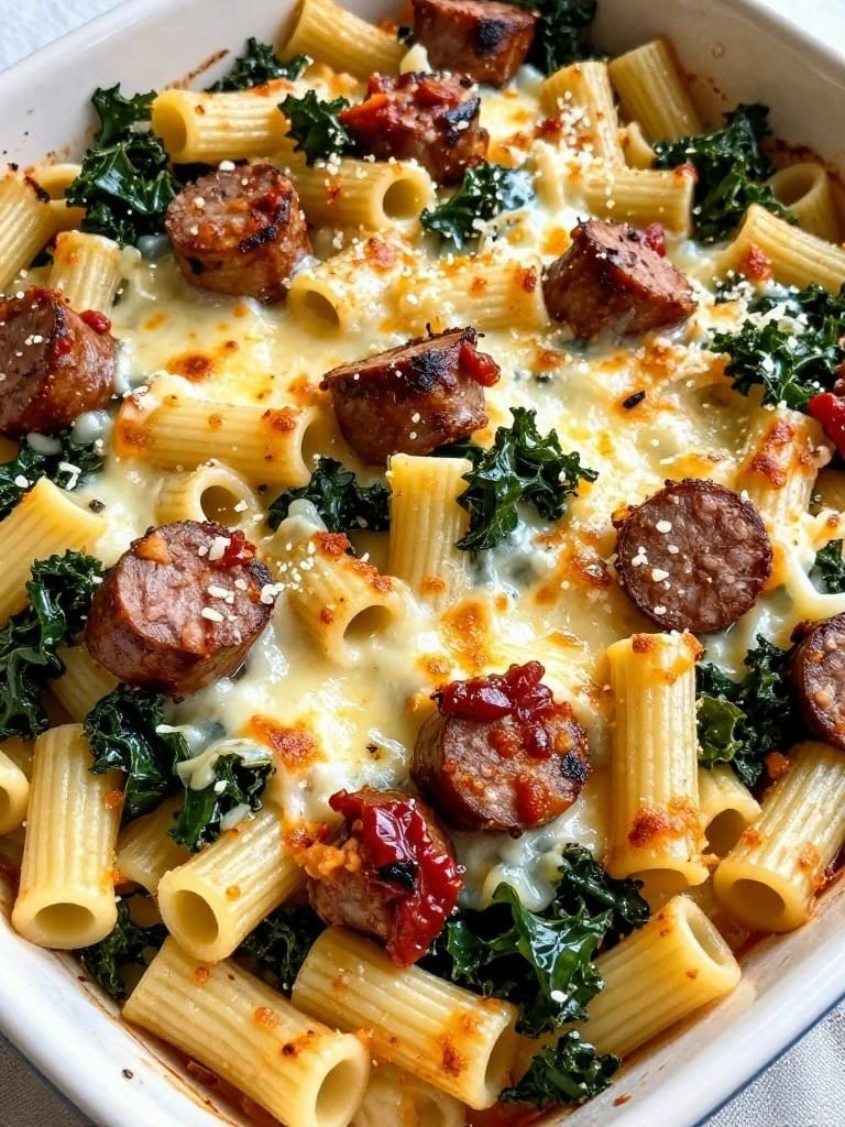 Sausage, Kale, and Sun-Dried Tomato Pesto Ziti Casserole
