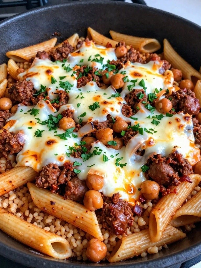 Spicy Harissa Sausage and Chickpea Couscous Pasta Bake