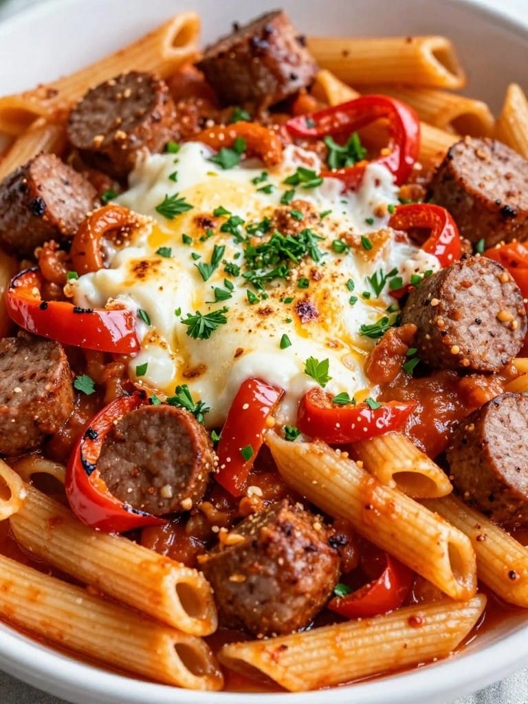 Spicy Italian Sausage and Roasted Pepper Penne Casserole