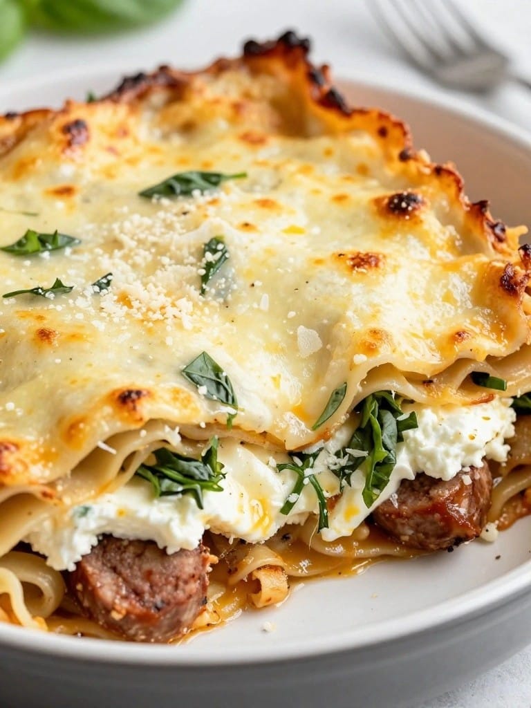 Three-Cheese Sausage Lasagna with Fresh Basil