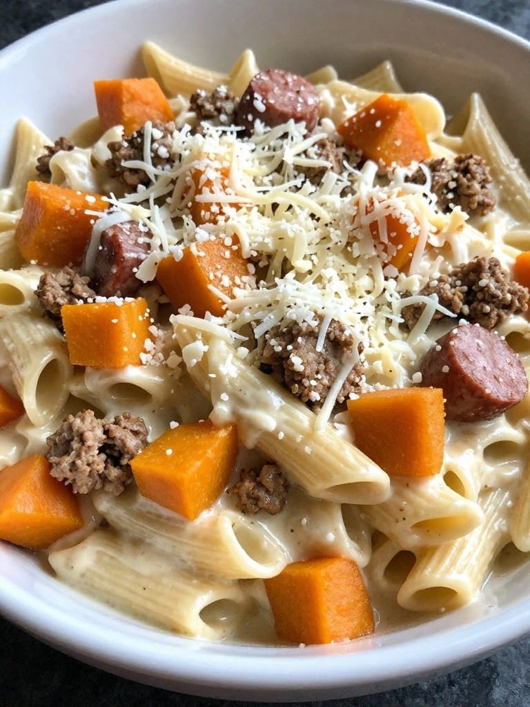 Turkey Sausage and Butternut Squash Alfredo Casserole