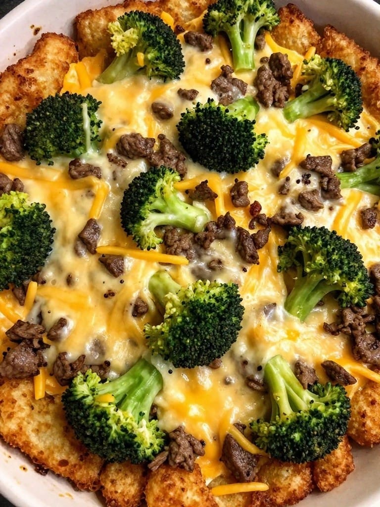 Broccoli Cheddar Beef Hashbrown Casserole