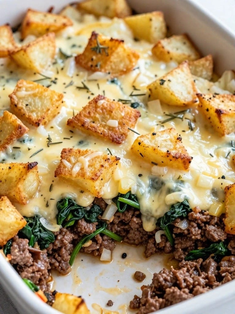 Garlic Herb Beef Hashbrown Casserole with Spinach