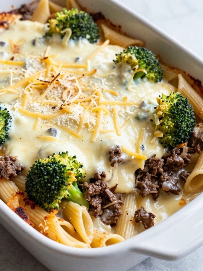 Beef and Broccoli Alfredo Pasta Bake
