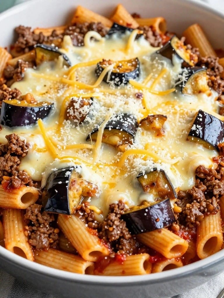 Beef and Eggplant Parmesan Pasta Casserole