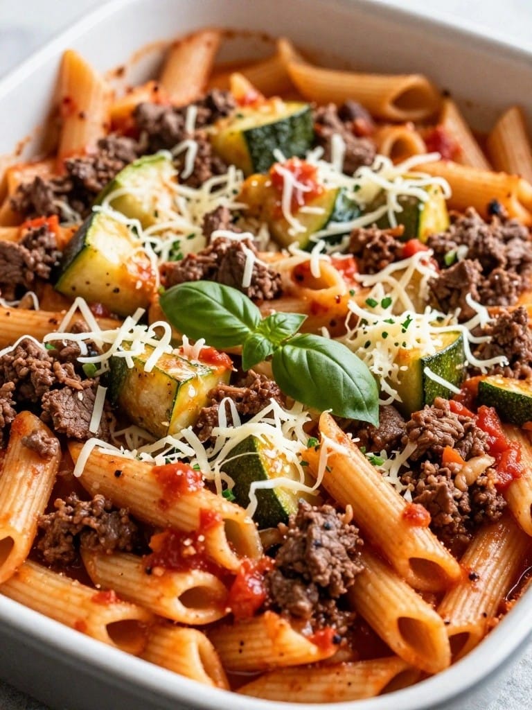 Beef and Zucchini Tomato Basil Pasta Casserole