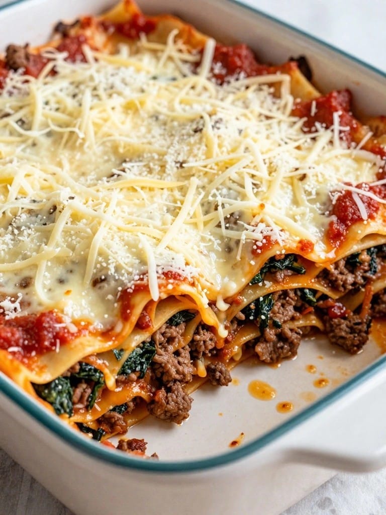 Beef, Spinach, and Ricotta Lasagna Casserole