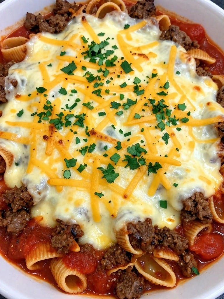 Cheesy Taco Beef and Shells Casserole
