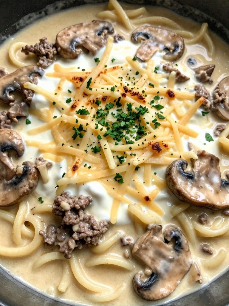 Creamy Mushroom Beef Stroganoff Noodle Bake