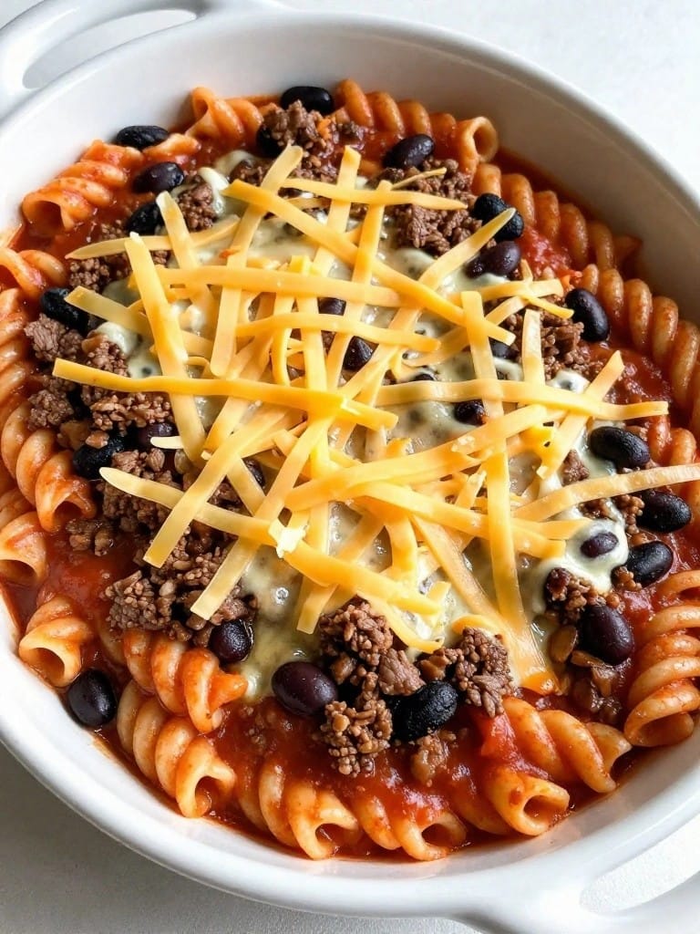 Mexican Beef and Black Bean Rotini Enchilada Casserole
