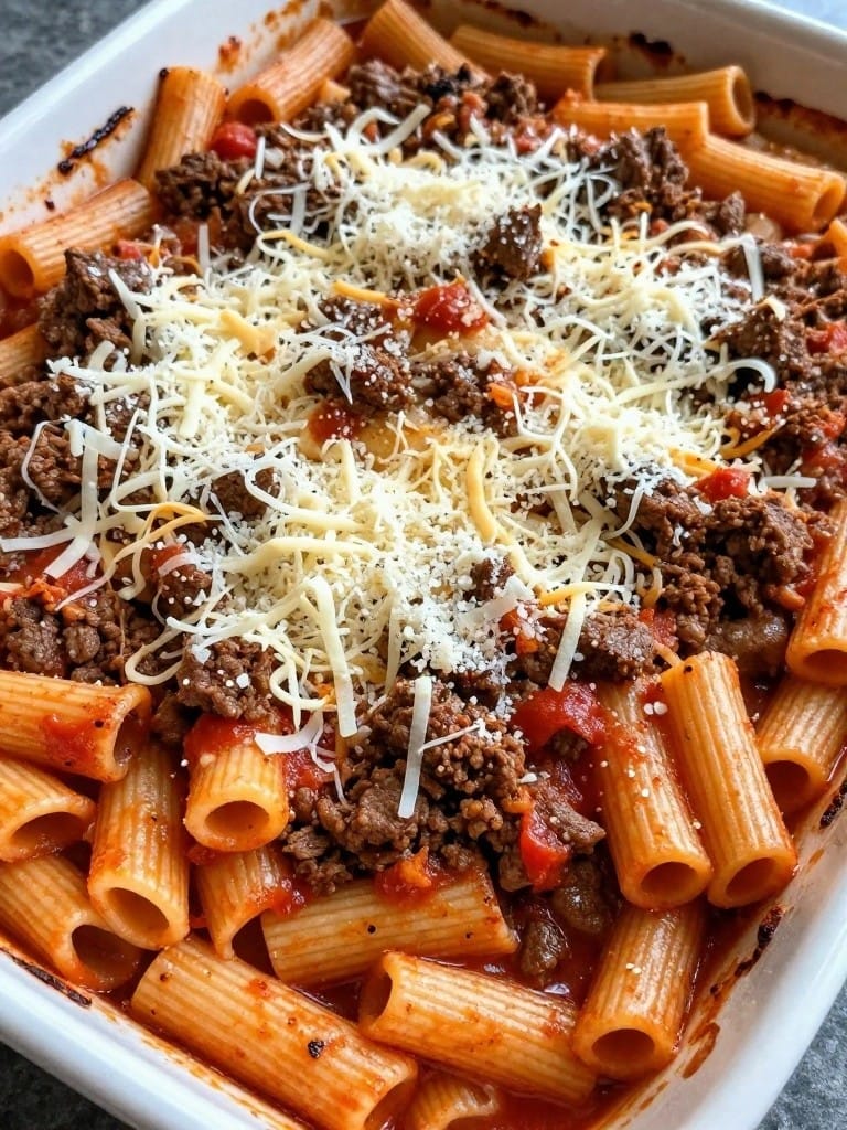 Spicy Beef Arrabbiata Rigatoni Casserole