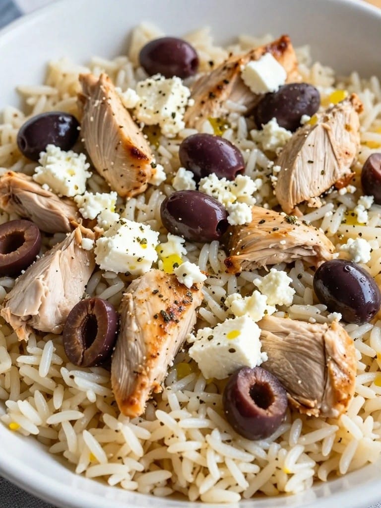 Greek Feta Olive Chicken and Rice Casserole