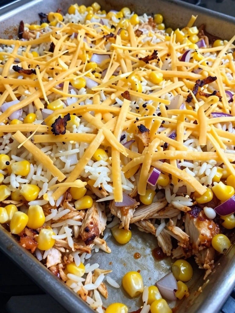 BBQ Corn Red Onion Cheddar Chicken Rice Casserole