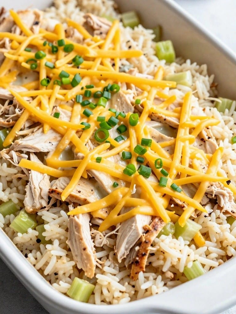 Buffalo Ranch Celery Chicken Rice Casserole