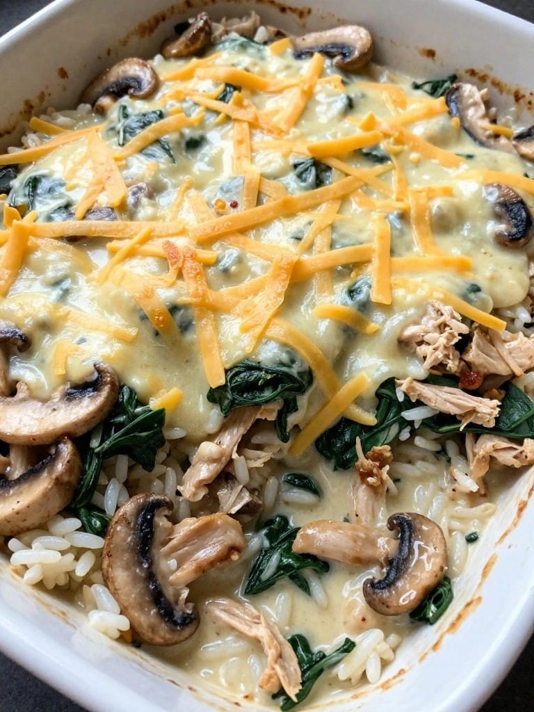 Creamy Mushroom Spinach Rotisserie Chicken Rice Bake