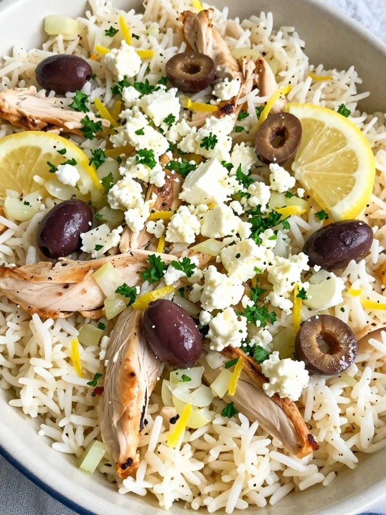 Greek Lemon Feta Olive Chicken Rice Casserole