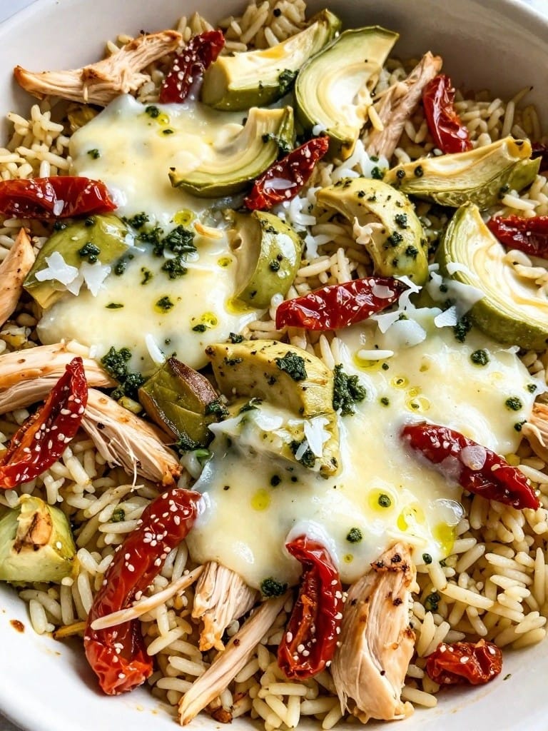 Pesto Sun-Dried Tomato Artichoke Rice Casserole