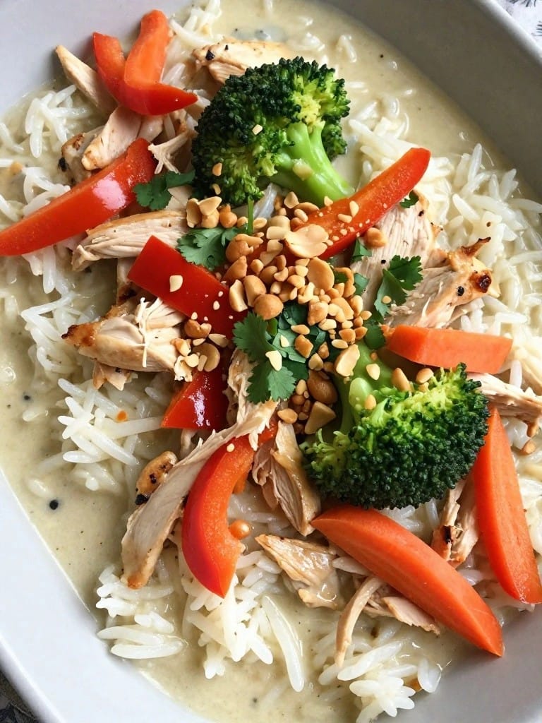 Thai Coconut Peanut Vegetable Chicken Rice Casserole