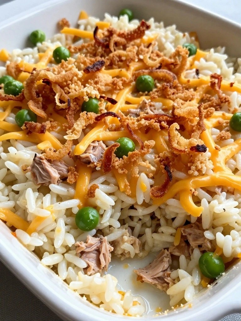 Tuna Rice Casserole with Crispy Onion Topping