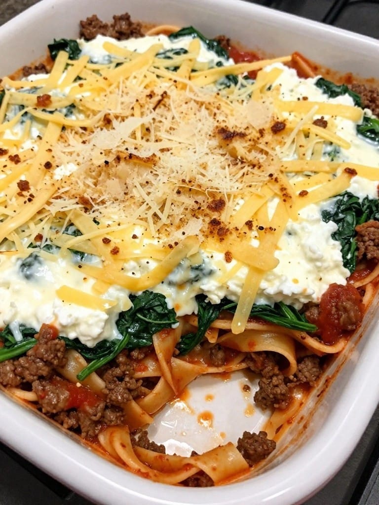 Beef and Spinach Ricotta Noodle Casserole