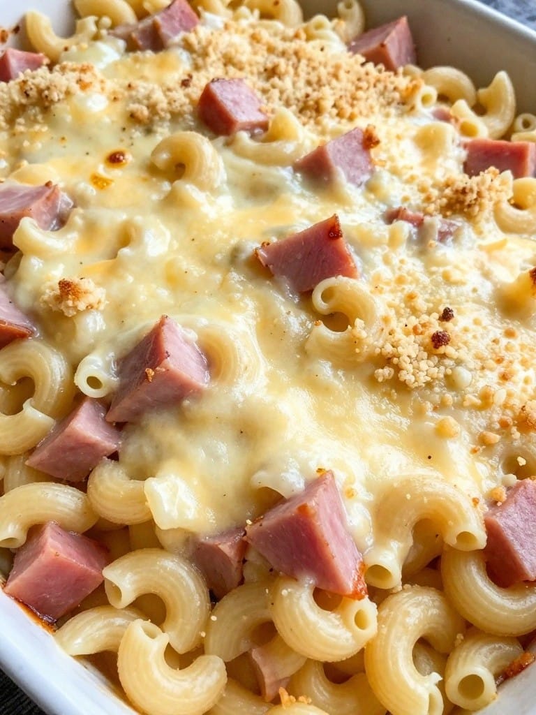 Ham and Swiss Elbow Macaroni Casserole