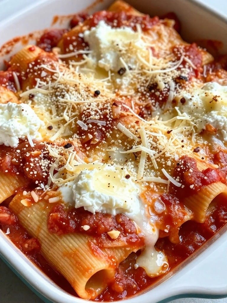 Three-Cheese Baked Mostaccioli with Marinara