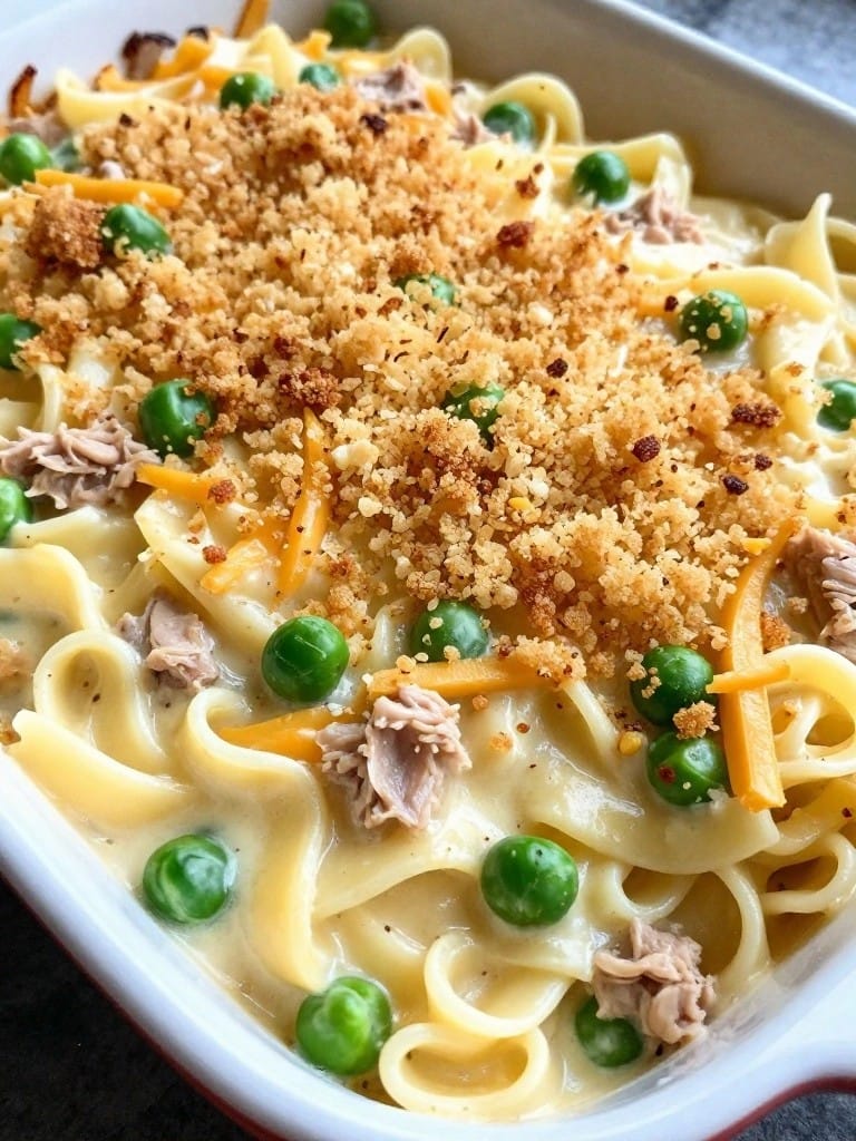 Tuna Noodle Casserole with Peas and Crispy Topping
