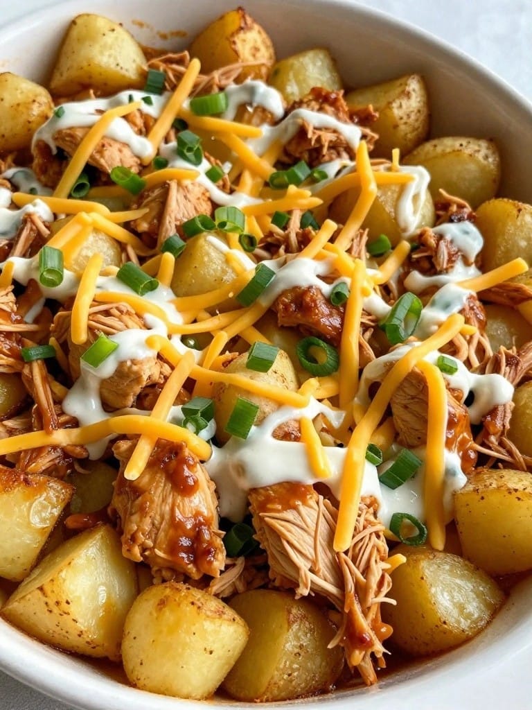 Buffalo Chicken Potato Casserole with Ranch Drizzle