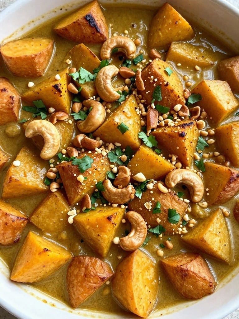 Curried Coconut Sweet Potato Casserole with Toasted Cashews